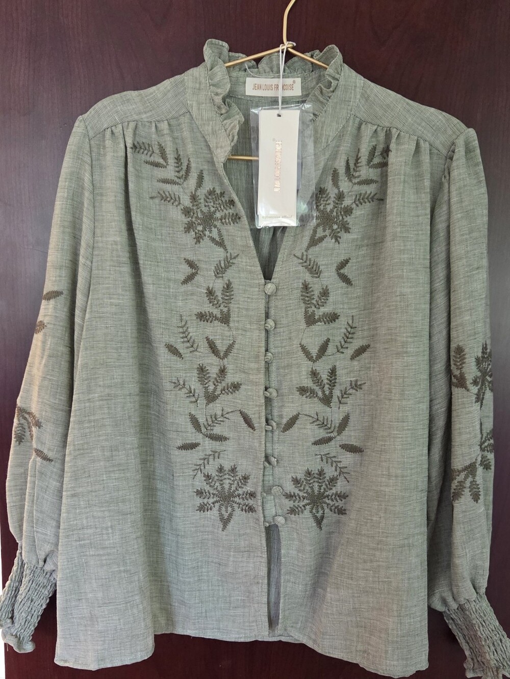 Embroidered Sage Green Women’s Button-Front Blouse